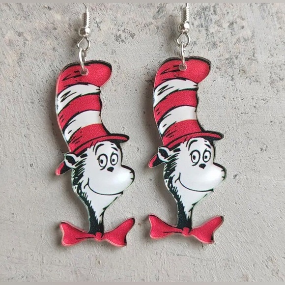 ✨3for$38 New Cat In The Hat Dr. Seuss Illustrated Character Dangle Earrings - Picture 9 of 11